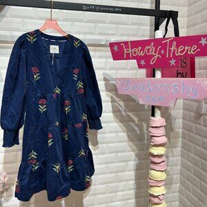 FLORAL 3/4 SLEEVE CORDUROY FLOWER PATCH MINI DRESS